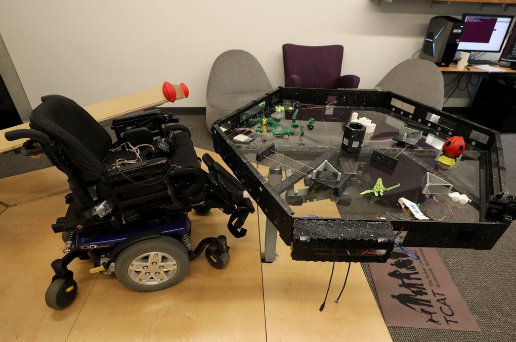 a table that uses sensors and cameras to understand and adjust to the needs of its users by swiveling and tilting