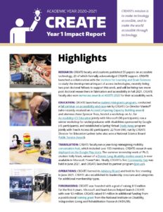 Cover of the CREATE Year-1 Impact Report with the CREATE logo, heading "Highlights," a column of research photos and text.