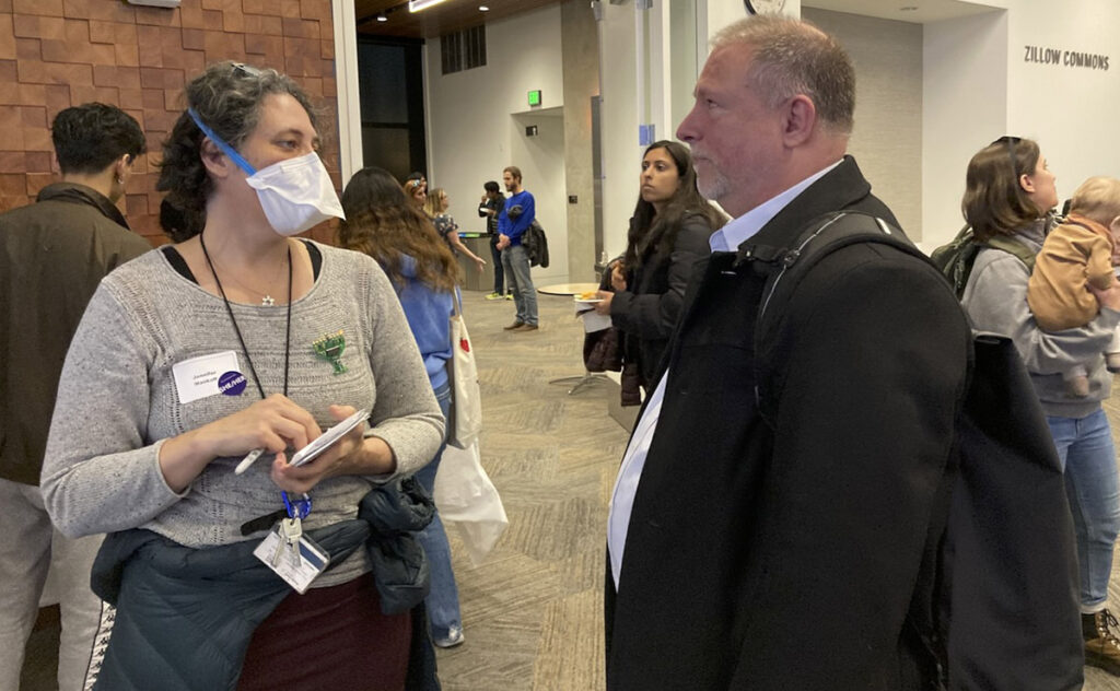 Jen Mankoff talks to George Abbott, CEO of Lighthouse for the Blind, a CREATE community partner.