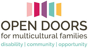 Open Doors for Multicultural Families logo with 5 door images in multiple colors and the words Disability, Community, Opportunity