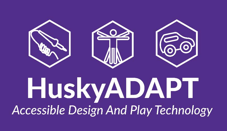 HuskyADAPT logo, with 3 heaxagons containing icons of tools, people and vehicles.