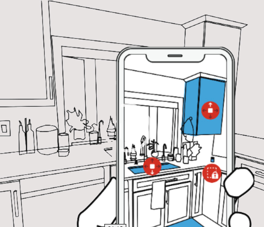 Illustration of a user holding a smartphone using the RASSAR prototype app to scan the room for accessibility issues.